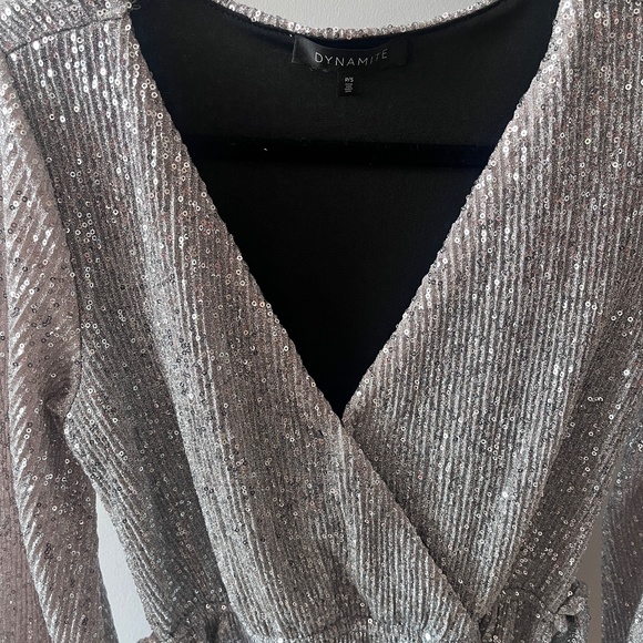 Silver sequinned mini dress, wrap style, long sleeved, size small - Picture 2 of 4